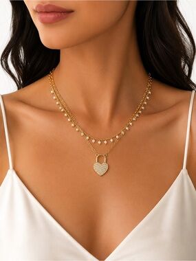 Zara Gold Layered Heart Padlock Necklace with Pearls